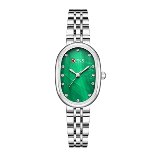 OFNS Women's Watch with Diamond-Studded Oval Dial Classic Fashion Stainless Steel Ladies Quartz Wristwatch (Steel Bracelet Silver-Green)