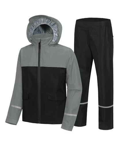 Image of Kids Rain Suit Jacket and Pants Set with Reflective Strips Adjustable Hood Flap Pocket for Boys Girls