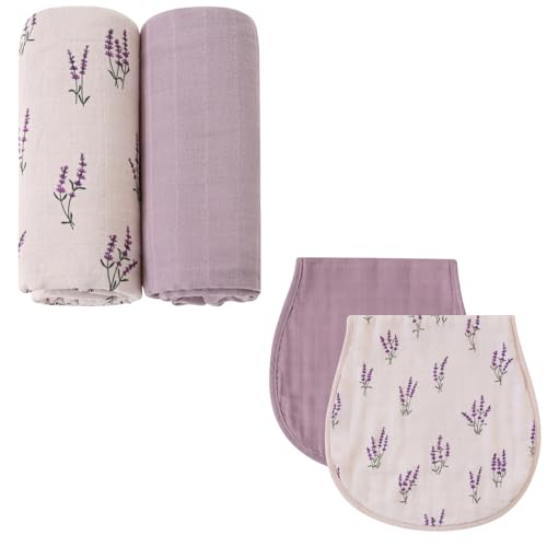 Image of LifeTree Muslin Swaddle Blankets Girls and Baby Burp Cloths for Newborn Girls Boys, Organic Cotton, Lavender & Mauve