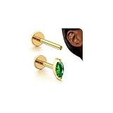 BodyBonita 16G Gold Plated Stud Earrings Flat Back - G23 Titanium Internal Thread Emerald Cartilage Earrings for Women CZ Stud Piercing Jewelry Tragus/Helix/Conch/Medusa/Lip/Labret/Nose 6mm 8mm