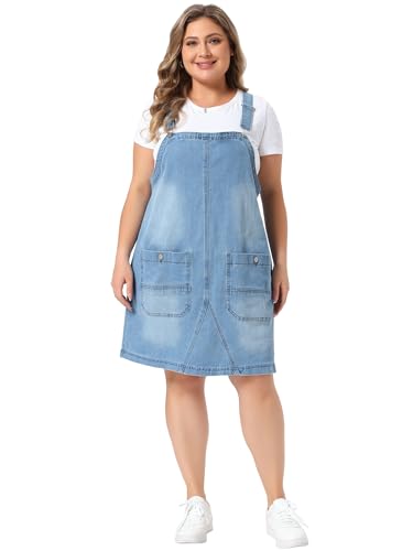 Image of Agnes Orinda Plus Size Women's Denim Overalls Dress Adjustable Strap Bib Suspender Skirts Jumper Jeans Dresses with Pockets