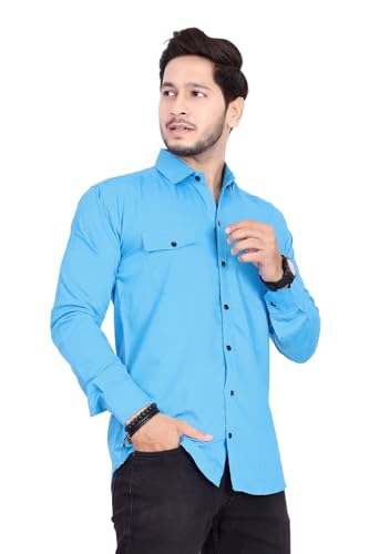 Image of Men's Cotton Spread Collar Full Sleeve Regular Fit Solid Casual Shirt with Double Pockets - Stylish Comfortable Shirt for Everyday Wear