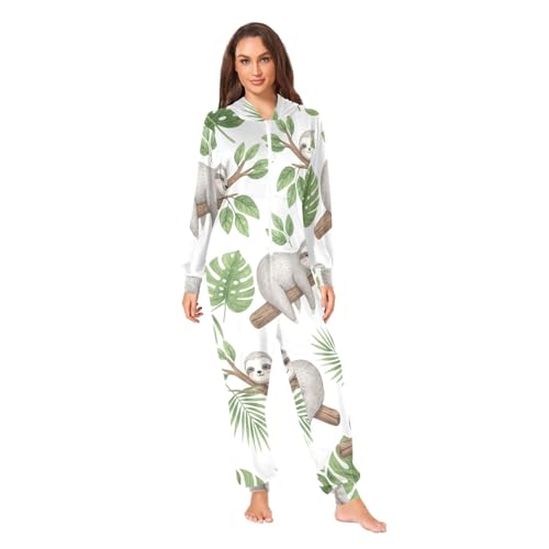 Combinaison paresseux velours doux zippée imprimé jungle blanc adulte
