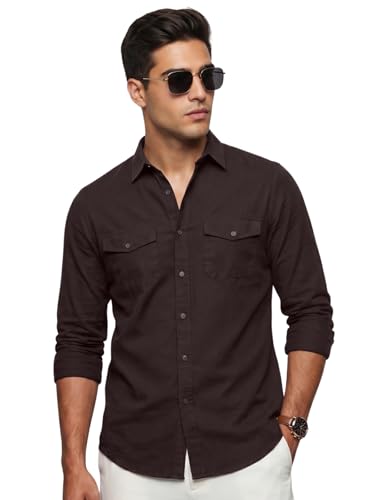 Image of Veirdo Men's Pure Cotton Utility Shirt | Full Sleeve Casual Button-Down with Dual Chest Pockets | Stylish & Comfortable Everyday Wear | Colors: Beige, Black, Maroon, Olive, Rust & White