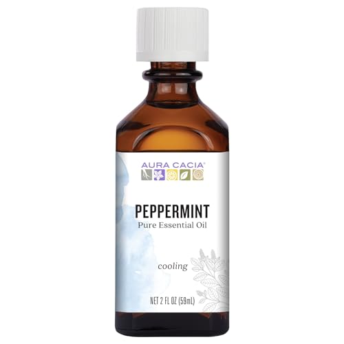 Aura Cacia Peppermint Essential Oil, 2-Ounce, Cools Skin, Fresh Minty Aroma, No Synthetic Fragrances, Color or Preservatives