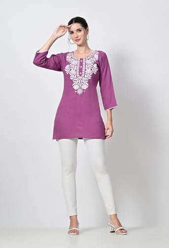 Image of LIBOZA Kurti for Women - Short Chikankari Kurtis for Girls, Lakhnawi Tunic Top Kurta Design for Ladies, Woman Ethnic Kurthis & Shirt with Sleeve