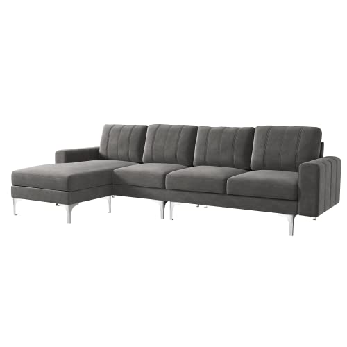 Honbay Convertible Sectional Sofa L Shaped Couch With Reversible Chaise Modern Velvet 4-Seat Sofa Sectional Couch For Apartment, Dark Grey #TOP7