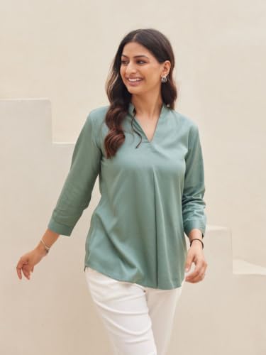 Image of SAADAA Top for Women, Viscose Pleated Tops, V-Neck with a Collar, 3 /4 Sleeve Length, Office & Casual Wear