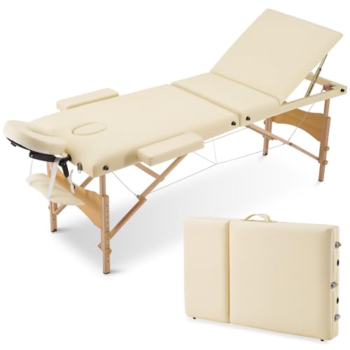 Careboda Camilla de masaje portátil plegable de 3 zonas, altura ajustable, mesa de masaje profesional con reposacabezas, reposabrazos, bolsa de transporte, para spa salón de belleza, color blanco
