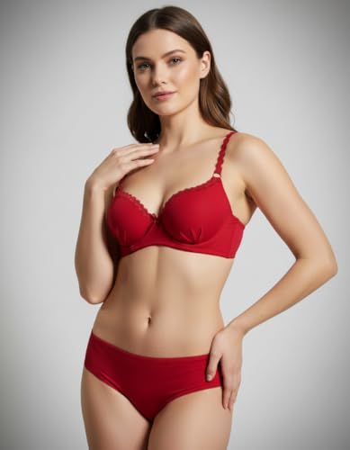 Image of M R Shopzilla Women's Underwire Premium Lycra Silk Bra and Panty Set - Seamless T-Shirt Bra with Matching Mid-Rise Panty - Smooth, Stretchable Lingerie Set for Everyday Comfort & Style