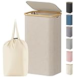 Lifewit 100L Laundry Basket with Lid, Dirty Clothes Bin with Bamboo Handles and A Removable Bag, Large Foldable Washing Basket for Bedroom, Bathroom, Dorm, Laundry Room, Beige