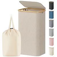 Lifewit 100L Laundry Basket with Lid, Dirty Clothes Bin with Bamboo Handles and A Removable Bag, Large Foldable Washing Basket for Bedroom, Bathroom, Dorm, Laundry Room, Beige