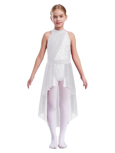 Jan Jean Kids Girls Sleeveless Halter Mesh Lyrical Dance Dress Ballet Tulle Leotard Dress Hi-Lo Contemporary Dancewear White 10 Years
