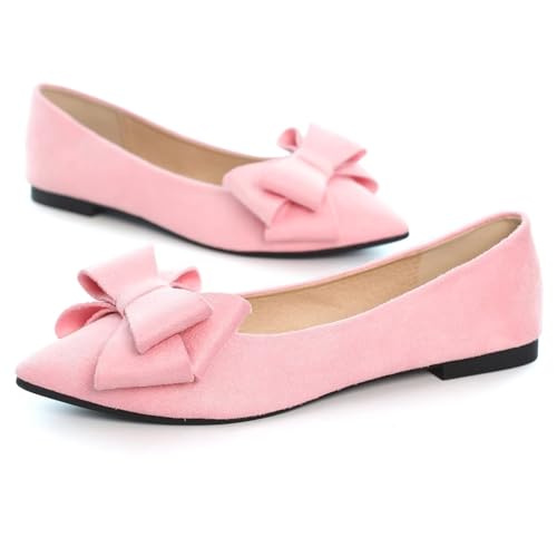 Image of SAILING LU Womens Bowknot Ballet Flats Pointy Toe Suede | Casual Flat Shoes, Dressy Wear to Work, Moccasins, Slip-Ons