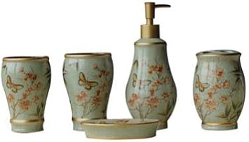 Bathroom Vanity countertop Set Creative American Ceramic 5PCS Suit Bathroom Washing Accessories Decor Wash Gargle Cup Toothbrush Suit Suitable for Family Hotel Bathroom (Style 3 Free)