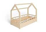 MS FACTORY Cama Infantil de Pino - Cama Montessori Forma de Casa 70x140 cm para Niño y Niña - Lamas Somier - Medias barreras Madera