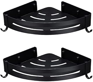 Small and Beauty Corner Shower Caddy, 2 Pack Bathroom Shelf Space Aluminum Storage Organizer Shelves No Drilling Basket Shelves with 4 Hooks (Black)