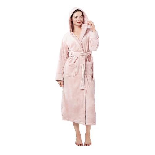 Dowesrobe Womens Fleece Hooded Fluffy Bathrobe Plush Long soft cozy Winner Warm fuzzy Spa Robe with deep pockets(Large Rose Taupe)