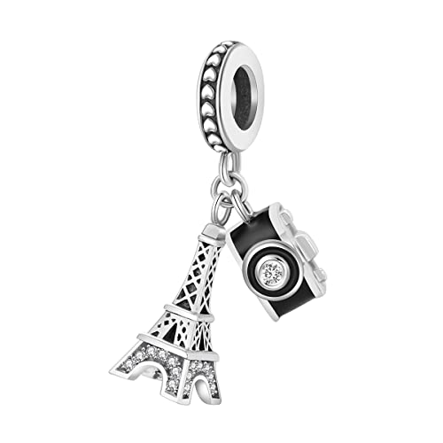 Image of ARTCHARM Travel Series Charms for Bracelets Paris Eiffel Tower, Passport, Vintage Camera Photo Picture Photographer Sterling Silver Charms
