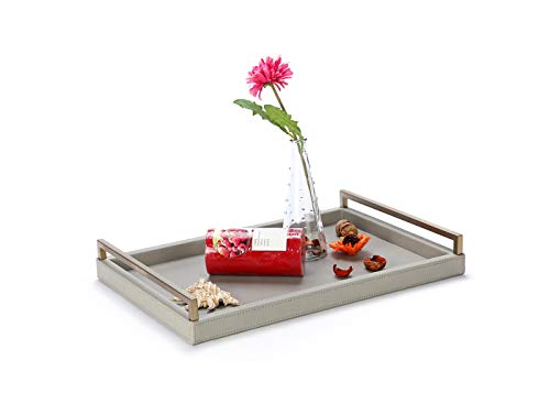 17.7 * 11.8" Grey Faux Leather Decorative Tray Serving Tray for Coffee Table Console Table with Matt Gold Stainless Steel Handles (Grey)