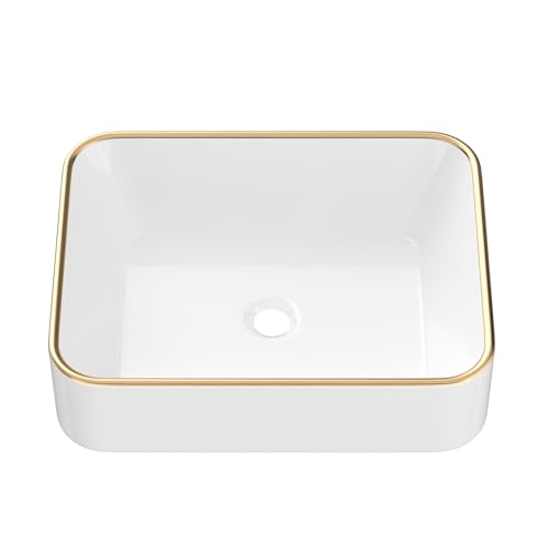 Lordear Vessel Sink Rectangle 19 Inch Bathroom Sink – Rectangular Modern Above Counter Bathroom Sink White 19x15 Inch Porcelain Ceramic Vanity Sink with Gold Trim Art Basin - Thumbnail 7