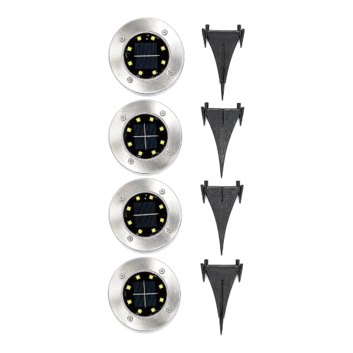 Image of Solalux Solar Ground Lights Outdoor Garden 4 Pack, 8 LED Stainless Steel In-Ground Disk Lights, Cool White, IP65 Waterproof, Auto On/Off Dusk to Dawn, for Pathway, Lawn, Deck & Driveway