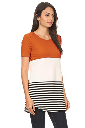 FashionJOA Women's Solid Striped Color Block Short Sleeve Comfy Casual Knit Tee Shirt Tunic Top - Orange - Large