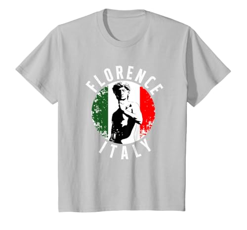 Vintage David Sculpture in Florence Tuscany with Italy Flag T-Shirt, Youth, Silver Grey, Small