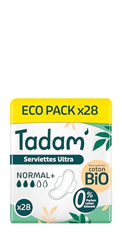 TADAM’ - Serviettes Hygiéniques Dermo-Sensitives - Protections Hygiéniques Femme Ultra Fines avec Ailettes - Flux Normal - Extra Absorbantes - A base de Coton Bio - Confort Jour et Nuit - Ecopacks
