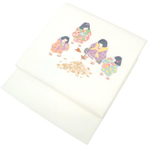 名古屋帯 刺繍 ホワイト カジュアル お仕立て上がり お太鼓柄 日本製 九寸 白地 童たちの焼き芋 子どもの落ち葉拾いのサムネイル
