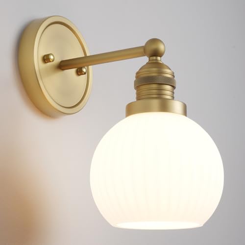 Image of Vintage Gold wall sconces Milk Glass Bathroom Vanity Light | Modern Vintage /Mid-Century aesthetic,hand-blown frosted glass,hardwired,DIY-friendly,UL Listed for safety,damp-rated for bath