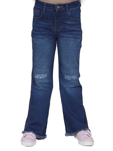 Image of KiddoPanti Girls Bottom Flared Knee Distress Stretchable Denim Jeans with Adjustable Elastic Waist