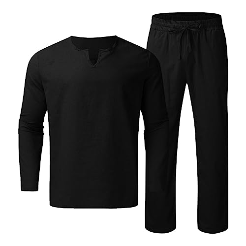 Geagodelia Herren-Set, 2-teilig, Baumwolle, Leinen, Henley-Hemd, V-Ausschnitt, Langarm, leichte Hose, für vier Jahreszeiten, Sommer-Pyjama, einfarbig, Schwarz , L