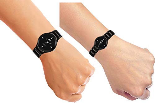 Acnos® Premium Brand - Heavy Quality 3 Different Steel Plated Formal Analog Watches for Couple Pack of 2, Black, Free, strap