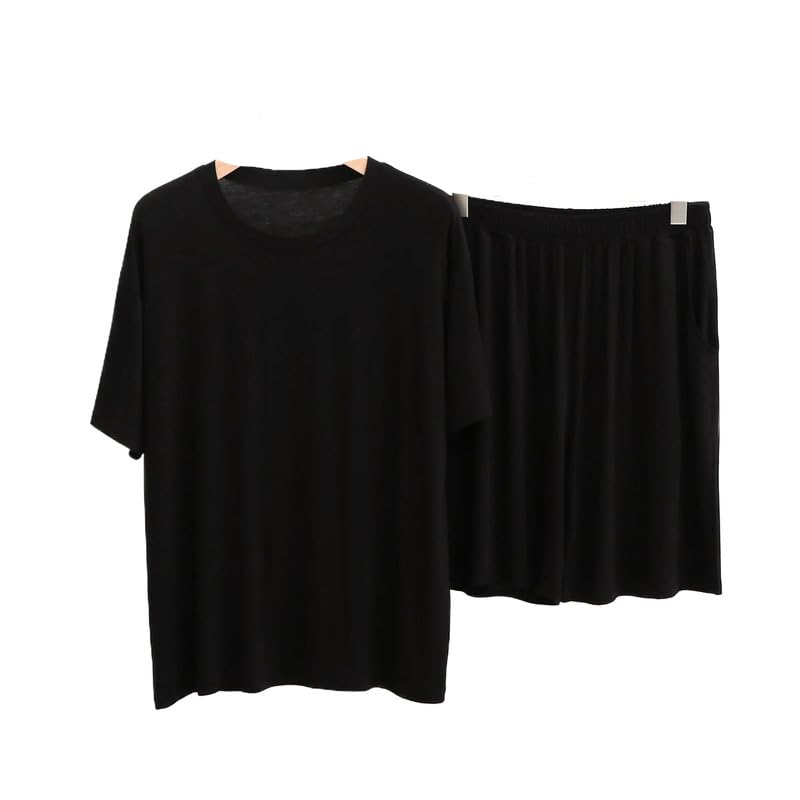 OFFSUM Conjunto De Pijama para Hombre - Verano Fino Corto Manga + Medio Pantalón Dos Piezas Casual Cuello Redondo con Bolsillo Cintura Elástica Ropa De Dormir Ropa De Dormir