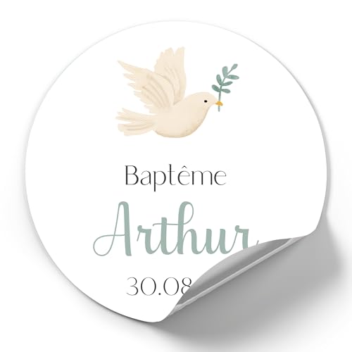 Stickers personnalisés pour baptême - Étiquettes autocollantes baptême - Textes personnalisés - Motif colombe