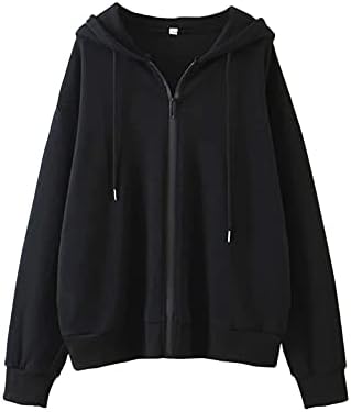 MISSACTIVER Women’s Vintage Solid Drawstring Hoodies Zip Up Oversized E-girl 90s Sweatshirt Basic Jacket With Pockets Black