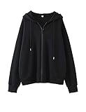 MISSACTIVER Women’s Vintage Solid Drawstring Hoodies Zip Up Oversized E-girl 90s Sweatshirt Basic Jacket With Pockets Black