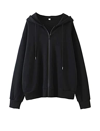 Missactiver Women’s Vintage Solid Drawstring Hoodies Zip Up Oversized E-Girl 90S Sweatshirt Basic Jacket With Pockets Black #TOP4