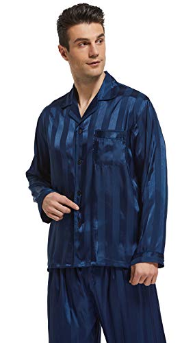TONY & CANDICE Men's Classic Satin Pajama Set Sleepwear (Navy Blue Striped, Medium)