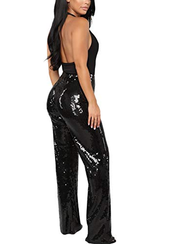 Ohvera Women's Glitter Sequin High Waist Long Wide Leg Palazzo Pants Trousers Black X-Large - Thumbnail 5