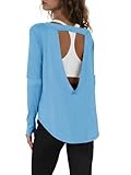 Tankaneo Womens Open Back Workout Shirts Casual Long Sleeve Boat Neck Tops Athletic Gym Yoga Tees with Thumb Holes Light Blue
