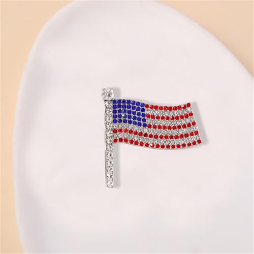 Image of Patriotic USA Flag Brooch Pin for Women Fashion Crystal Blue Red Independence Memorial Day Lapel Pin 4th of July Dress Accessories