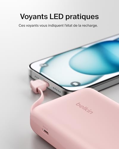 Belkin BoostCharge Batterie Externe 10 000 mAh Portable avec câble intégré (PD 20 W, Recharge Rapide USB-C Power Delivery, pour Tous Les modèles de l'iPhone 16/15, iPad Pro, Galaxy S24, etc.)
