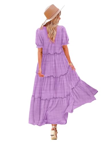 Image of YESNO Summer Casual Bohemian Floral Dresses for Women Puff Short Sleeve Long Maxi Dress with Pockets ETX