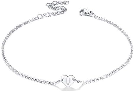 FaithHeart Initials Anklets for Women Stainless Steel Heart Charm Ankle Bracelet with Letter A-Z Foot Chain Anklet Adjustable Barefoot Jewellery Summer Gifts for Girls