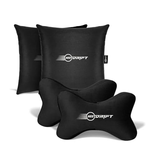 Image of Neodrift Neo-Kit - Memory Foam Neck & Back Support Velvet Pillow for Neck, Head, Shoulder & Back Pain-Relief for Car Seat, Office Chair (2 Neck Cushions, 2 Square Pillows)(Colour - Black+Silver)