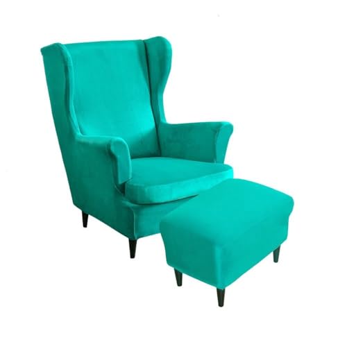 Funda para sillón orejero de terciopelo turquesa con kit de 2 piezas y otomana