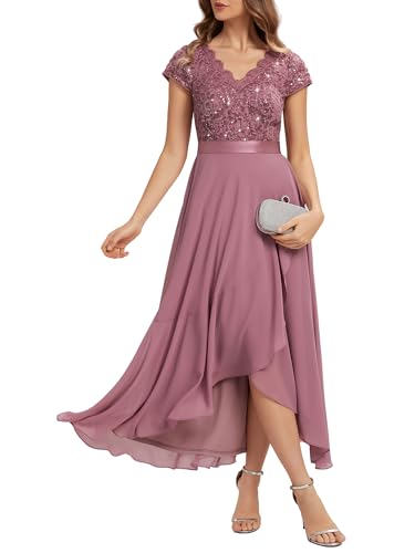 Image of Ever-Pretty Women's Lace Chiffon Wedding Guest Dress Sequin V-Neck High-Low Midi Gown for Prom Bridesmaid Orchid 16
