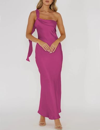 Image of 2026 Satin One Shoulder Maxi Dress for Women Summer Silk Formal Elegant Backless Ruffle Sleeveless Wedding Guest Dresses